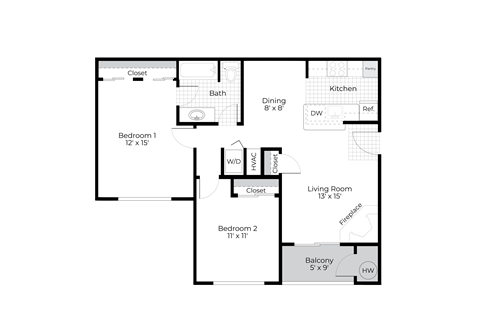 Floor plan for 2 beds, 1 bath, 941 sqft